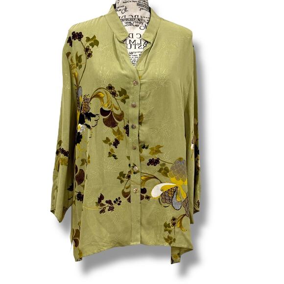 Citron Santa Monica Size 2X Green Embroidered 100% Silk Button Shirt Tunic - Picture 1 of 5